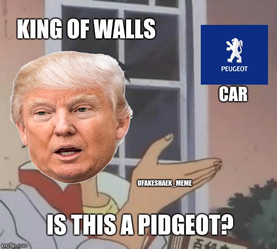 Is Trump the king of walls? | KING OF WALLS; CAR; UFAKESHAEK_MEME; IS THIS A PIDGEOT? | image tagged in memes,is this a pigeon,dank memes,donald trump,funny,imgflip | made w/ Imgflip meme maker