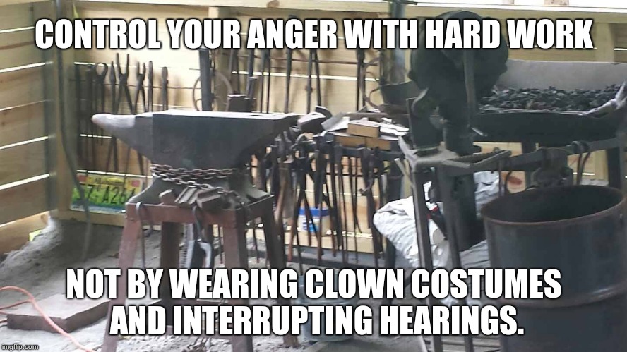 Blacksmith forge | CONTROL YOUR ANGER WITH HARD WORK; NOT BY WEARING CLOWN COSTUMES AND INTERRUPTING HEARINGS. | image tagged in blacksmith forge | made w/ Imgflip meme maker