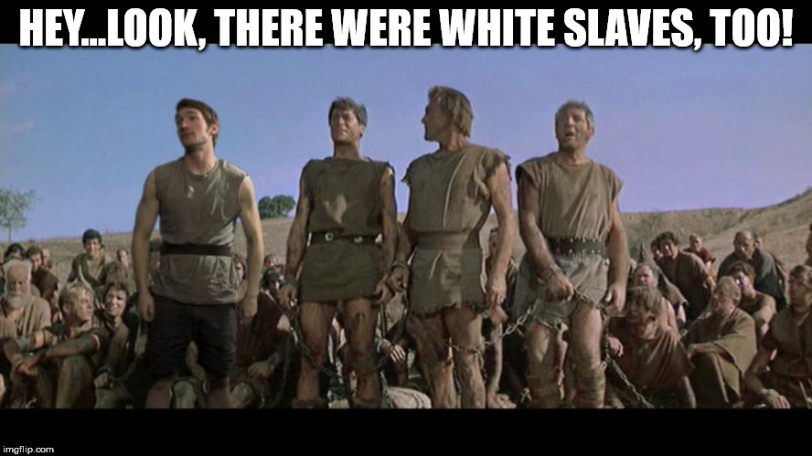 I am Spartacus | HEY...LOOK, THERE WERE WHITE SLAVES, TOO! | image tagged in i am spartacus | made w/ Imgflip meme maker