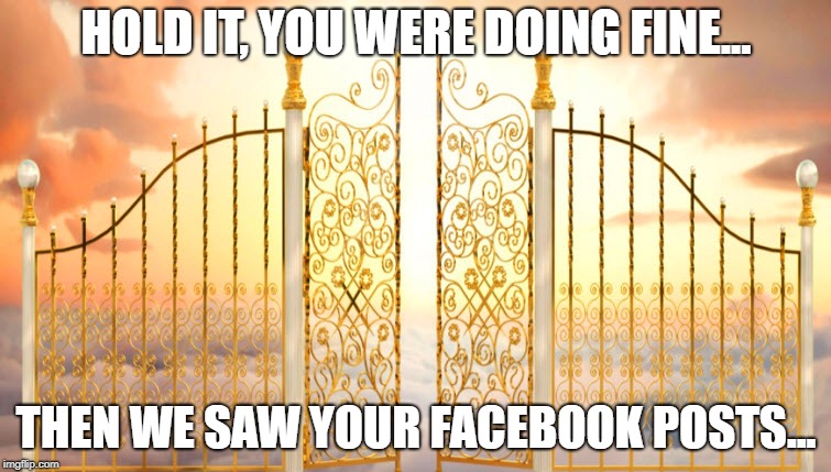 Pearly Gates | HOLD IT, YOU WERE DOING FINE... THEN WE SAW YOUR FACEBOOK POSTS... | image tagged in pearly gates | made w/ Imgflip meme maker