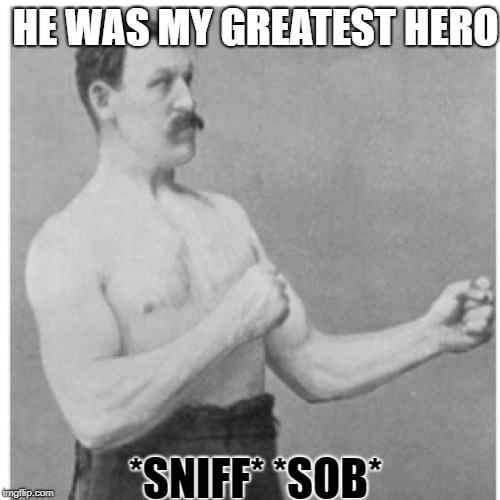 Overly Manly Man Meme | HE WAS MY GREATEST HERO *SNIFF* *SOB* | image tagged in memes,overly manly man | made w/ Imgflip meme maker