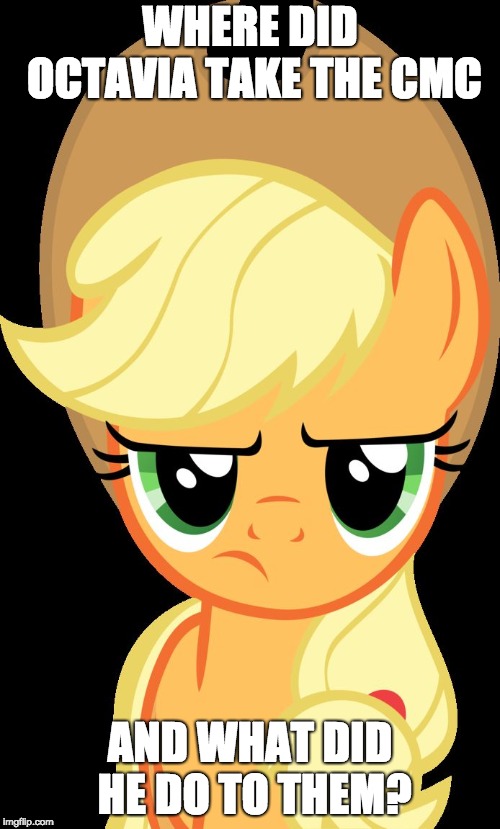 Applejack is not amused | WHERE DID OCTAVIA TAKE THE CMC; AND WHAT DID HE DO TO THEM? | image tagged in applejack is not amused | made w/ Imgflip meme maker