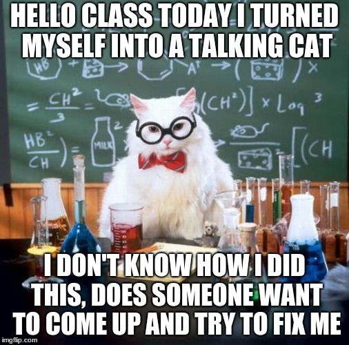 Chemistry Cat Meme | HELLO CLASS TODAY I TURNED MYSELF INTO A TALKING CAT; I DON'T KNOW HOW I DID THIS, DOES SOMEONE WANT TO COME UP AND TRY TO FIX ME | image tagged in memes,chemistry cat | made w/ Imgflip meme maker