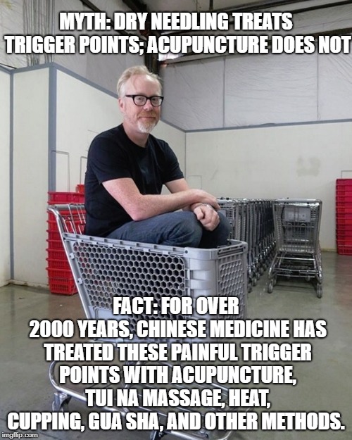 Mythbusters | MYTH: DRY NEEDLING TREATS TRIGGER
POINTS; ACUPUNCTURE DOES NOT; FACT: FOR OVER 2000
YEARS, CHINESE MEDICINE HAS TREATED
THESE PAINFUL TRIGGER POINTS WITH ACUPUNCTURE, TUI
NA MASSAGE, HEAT, CUPPING, GUA SHA, AND
OTHER METHODS. | image tagged in mythbusters | made w/ Imgflip meme maker