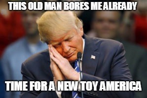This old man bores me | THIS OLD MAN BORES ME ALREADY; TIME FOR A NEW TOY AMERICA | image tagged in new toy,trump,boring,old man | made w/ Imgflip meme maker