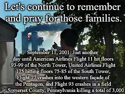 Never Forget | Let's continue to remember and pray for those families. September 11, 2001: Just another day until American Airlines Flight 11 hit floors 93-99 of the North Tower, United Airlines Flight 175 hitting floors 75-85 of the South Tower, Flight 77 crashes into the western façade of the Pentagon, and Flight 93 crashes in a field in Somerset County, Pennsylvania killing a total of 3,000 | image tagged in mcintosh 9/11 | made w/ Imgflip meme maker