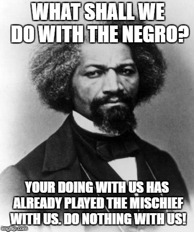 Frederick Douglass | WHAT SHALL WE DO WITH THE NEGRO? YOUR DOING WITH US HAS ALREADY PLAYED THE MISCHIEF WITH US. DO NOTHING WITH US! | image tagged in frederick douglass | made w/ Imgflip meme maker