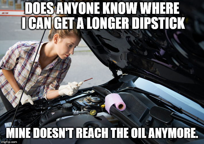 DOES ANYONE KNOW WHERE I CAN GET A LONGER DIPSTICK; MINE DOESN'T REACH THE OIL ANYMORE. | image tagged in memes,dipstick | made w/ Imgflip meme maker