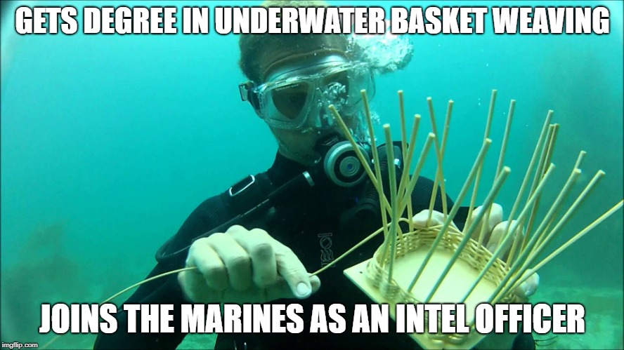 GETS DEGREE IN UNDERWATER BASKET WEAVING; JOINS THE MARINES AS AN INTEL OFFICER | made w/ Imgflip meme maker