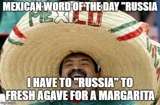 mexican word of the day | MEXICAN WORD OF THE DAY "RUSSIA; I HAVE TO "RUSSIA" TO FRESH AGAVE FOR A MARGARITA | image tagged in mexican word of the day | made w/ Imgflip meme maker