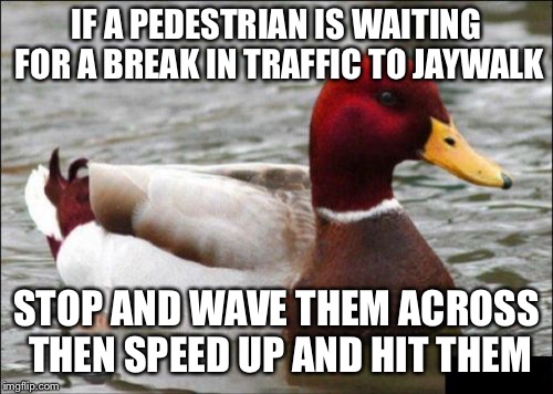 Malicious Advice Mallard Meme | IF A PEDESTRIAN IS WAITING FOR A BREAK IN TRAFFIC TO JAYWALK; STOP AND WAVE THEM ACROSS THEN SPEED UP AND HIT THEM | image tagged in memes,malicious advice mallard | made w/ Imgflip meme maker