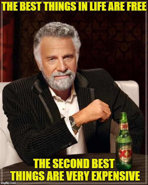 The Most Interesting Man In The World Meme | THE BEST THINGS IN LIFE ARE FREE; THE SECOND BEST THINGS ARE VERY EXPENSIVE | image tagged in memes,the most interesting man in the world | made w/ Imgflip meme maker