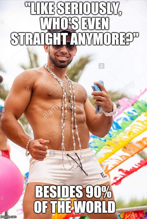 Gay douchebag | "LIKE SERIOUSLY, WHO'S EVEN STRAIGHT ANYMORE?"; BESIDES 90% OF THE WORLD | image tagged in gay douchebag | made w/ Imgflip meme maker