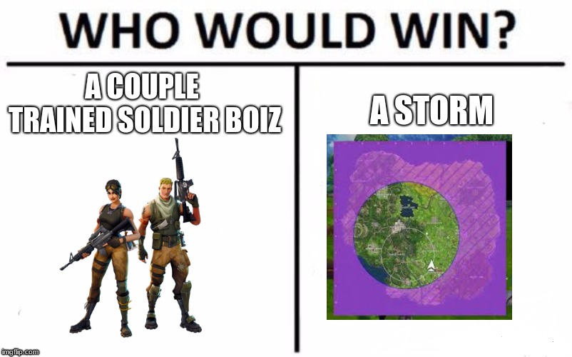 Who Would Win? | A COUPLE TRAINED SOLDIER BOIZ; A STORM | image tagged in memes,who would win | made w/ Imgflip meme maker