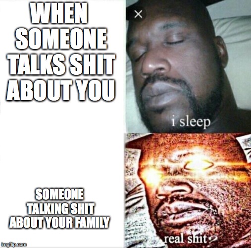 Sleeping Shaq Meme | WHEN SOMEONE TALKS SHIT ABOUT YOU; SOMEONE TALKING SHIT ABOUT YOUR FAMILY | image tagged in memes,sleeping shaq | made w/ Imgflip meme maker