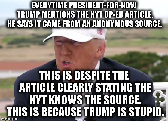 Did he even read the article? Better yet, can he even read? | EVERYTIME PRESIDENT-FOR-NOW TRUMP MENTIONS THE NYT OP-ED ARTICLE, HE SAYS IT CAME FROM AN ANONYMOUS SOURCE. THIS IS DESPITE THE ARTICLE CLEARLY STATING THE NYT KNOWS THE SOURCE. THIS IS BECAUSE TRUMP IS STUPID. | image tagged in donald trump,new york times,constitution,first amendment,impeach trump,stupid | made w/ Imgflip meme maker