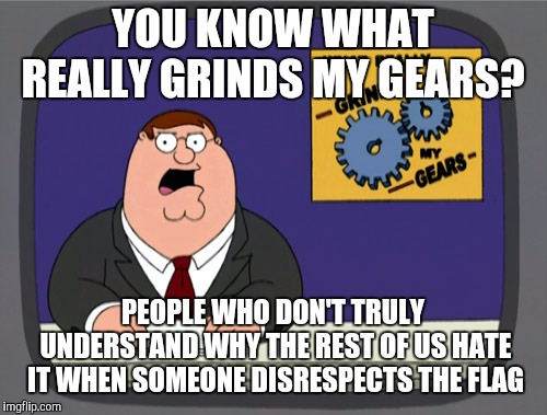 Peter Griffin News Meme | YOU KNOW WHAT REALLY GRINDS MY GEARS? PEOPLE WHO DON'T TRULY UNDERSTAND WHY THE REST OF US HATE IT WHEN SOMEONE DISRESPECTS THE FLAG | image tagged in memes,peter griffin news | made w/ Imgflip meme maker
