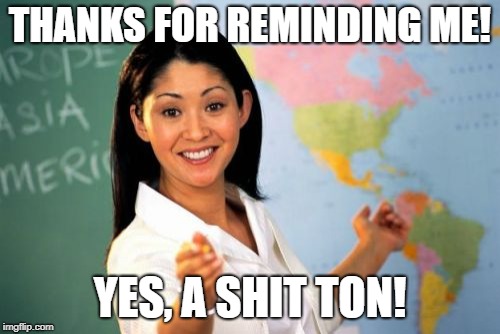 Unhelpful High School Teacher Meme | THANKS FOR REMINDING ME! YES, A SHIT TON! | image tagged in memes,unhelpful high school teacher | made w/ Imgflip meme maker