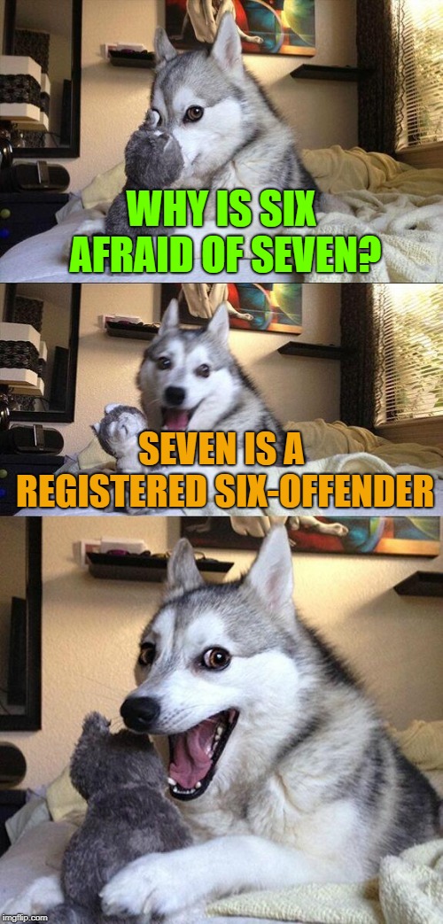 Bad Pun Dog | WHY IS SIX AFRAID OF SEVEN? SEVEN IS A REGISTERED SIX-OFFENDER | image tagged in memes,bad pun dog | made w/ Imgflip meme maker