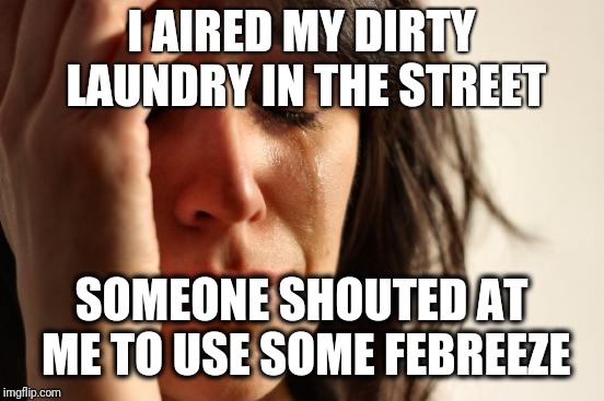 First World Problems Meme | I AIRED MY DIRTY LAUNDRY IN THE STREET; SOMEONE SHOUTED AT ME TO USE SOME FEBREEZE | image tagged in memes,first world problems | made w/ Imgflip meme maker