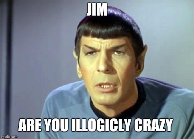 Disbelieving Spock | JIM; ARE YOU ILLOGICLY CRAZY | image tagged in disbelieving spock | made w/ Imgflip meme maker