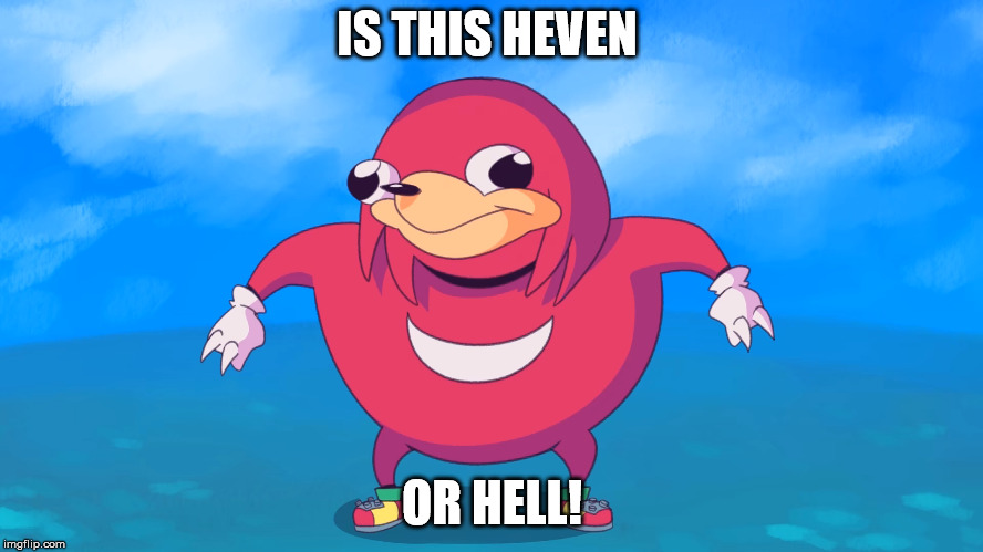 IS THIS HEVEN; OR HELL! | image tagged in dead memes week | made w/ Imgflip meme maker