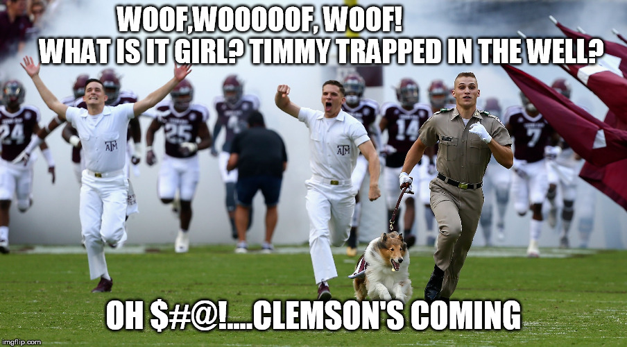 WOOF,WOOOOOF, WOOF!                        WHAT IS IT GIRL? TIMMY TRAPPED IN THE WELL? OH $#@!....CLEMSON'S COMING | made w/ Imgflip meme maker