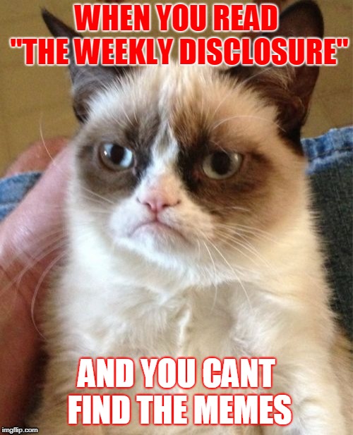 Grumpy Cat | WHEN YOU READ "THE WEEKLY DISCLOSURE"; AND YOU CANT FIND THE MEMES | image tagged in memes,grumpy cat | made w/ Imgflip meme maker