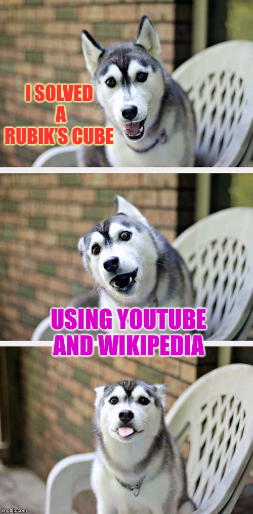 Fake out week, a One_Girl_Band event. If you’re not sure what a fake out is, this is an example! | I SOLVED A RUBIK’S CUBE; USING YOUTUBE AND WIKIPEDIA | image tagged in bad pun dog 2,theme week | made w/ Imgflip meme maker