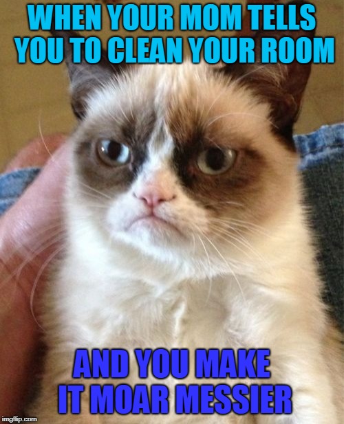 Grumpy Cat Meme | WHEN YOUR MOM TELLS YOU TO CLEAN YOUR ROOM; AND YOU MAKE IT MOAR MESSIER | image tagged in memes,grumpy cat | made w/ Imgflip meme maker