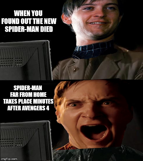 Spider-Man Far From Home Plot? | WHEN YOU FOUND OUT THE NEW SPIDER-MAN DIED; SPIDER-MAN FAR FROM HOME TAKES PLACE MINUTES AFTER AVENGERS 4 | image tagged in memes,avengers 4,spiderman,marvel,avengers infinity war | made w/ Imgflip meme maker