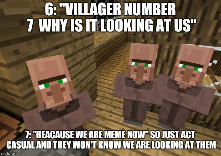 Minecraft Villagers | 6: "VILLAGER NUMBER 7 
WHY IS IT LOOKING AT US"; 7: "BEACAUSE WE ARE MEME NOW" SO JUST ACT CASUAL AND THEY WON'T KNOW WE ARE LOOKING AT THEM | image tagged in minecraft villagers | made w/ Imgflip meme maker