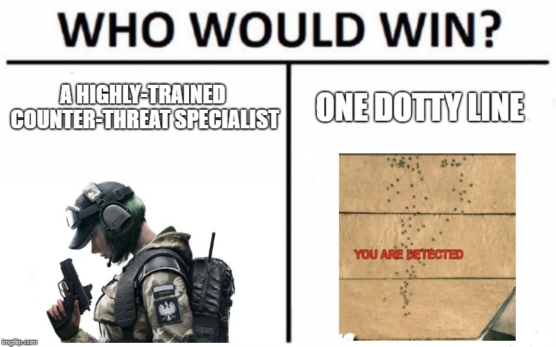 Who Would Win? Meme | A HIGHLY-TRAINED COUNTER-THREAT SPECIALIST; ONE DOTTY LINE | image tagged in memes,who would win | made w/ Imgflip meme maker