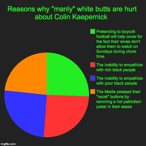 Reasons why "manly" white butts are hurt about Colin Kaepernick  | The Media pressed their "racist" buttons by ramming a hot patriotism poke | image tagged in funny,pie charts | made w/ Imgflip chart maker