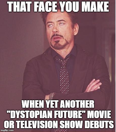 Getting Tired Of The Hopelessness | THAT FACE YOU MAKE; WHEN YET ANOTHER "DYSTOPIAN FUTURE" MOVIE OR TELEVISION SHOW DEBUTS | image tagged in memes,face you make robert downey jr | made w/ Imgflip meme maker