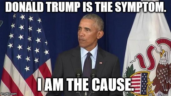 So True. | DONALD TRUMP IS THE SYMPTOM. I AM THE CAUSE. | image tagged in trump,obama,symptom,cause | made w/ Imgflip meme maker