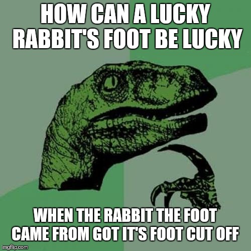 Philosoraptor  | HOW CAN A LUCKY RABBIT'S FOOT BE LUCKY; WHEN THE RABBIT THE FOOT CAME FROM GOT IT'S FOOT CUT OFF | image tagged in memes,philosoraptor,lucky rabbit's foot,lucky,good luck,bad luck brian | made w/ Imgflip meme maker