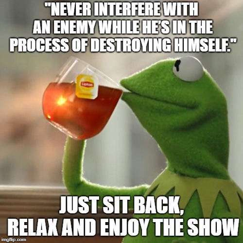 But That's None Of My Business | "NEVER INTERFERE WITH AN ENEMY WHILE HE’S IN THE PROCESS OF DESTROYING HIMSELF."; JUST SIT BACK, RELAX AND ENJOY THE SHOW | image tagged in memes,but thats none of my business,kermit the frog | made w/ Imgflip meme maker