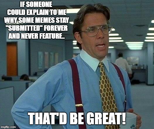 That Would Be Great | IF SOMEONE COULD EXPLAIN TO ME WHY SOME MEMES STAY "SUBMITTED" FOREVER AND NEVER FEATURE.. THAT'D BE GREAT! | image tagged in memes,that would be great | made w/ Imgflip meme maker
