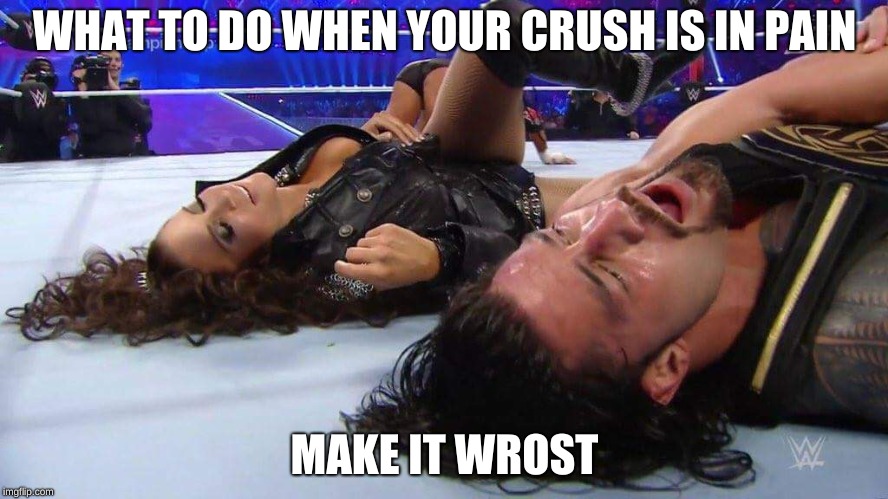 wwe  | WHAT TO DO WHEN YOUR CRUSH IS IN PAIN; MAKE IT WROST | image tagged in wwe | made w/ Imgflip meme maker