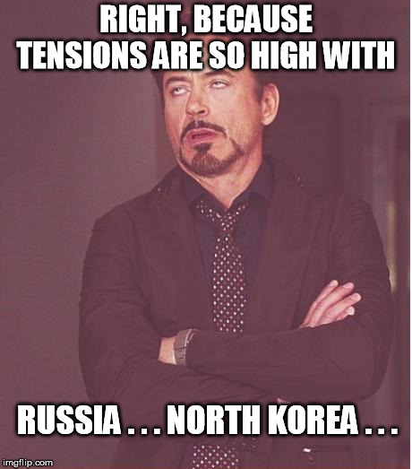 Face You Make Robert Downey Jr Meme | RIGHT, BECAUSE TENSIONS ARE SO HIGH WITH RUSSIA . . . NORTH KOREA . . . | image tagged in memes,face you make robert downey jr | made w/ Imgflip meme maker