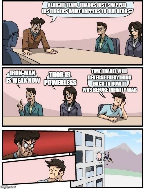 Boardroom Meeting Suggestion | ALRIGHT TEAM,  THANOS JUST SNAPPED HIS FINGERS, WHAT HAPPENS TO OUR HEROS? TIME TRAVEL WILL REVERSE EVERYTHING BACK TO HOW IT WAS BEFORE INFINITY WAR; IRON-MAN IS WEAK NOW; THOR IS POWERLESS | image tagged in memes,boardroom meeting suggestion | made w/ Imgflip meme maker