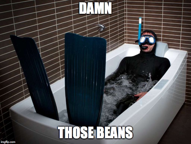 Dressed To Swill | DAMN; THOSE BEANS | image tagged in bathtub scuba | made w/ Imgflip meme maker