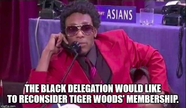 Tiger Wood's membership | THE BLACK DELEGATION WOULD LIKE TO RECONSIDER TIGER WOODS' MEMBERSHIP. | image tagged in tiger woods,african americans | made w/ Imgflip meme maker