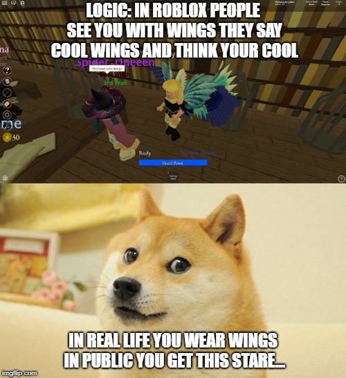 Roblox logic #1 | LOGIC: IN ROBLOX PEOPLE SEE YOU WITH WINGS THEY SAY COOL WINGS AND THINK YOUR COOL; IN REAL LIFE YOU WEAR WINGS IN PUBLIC YOU GET THIS STARE... | image tagged in roblox | made w/ Imgflip meme maker