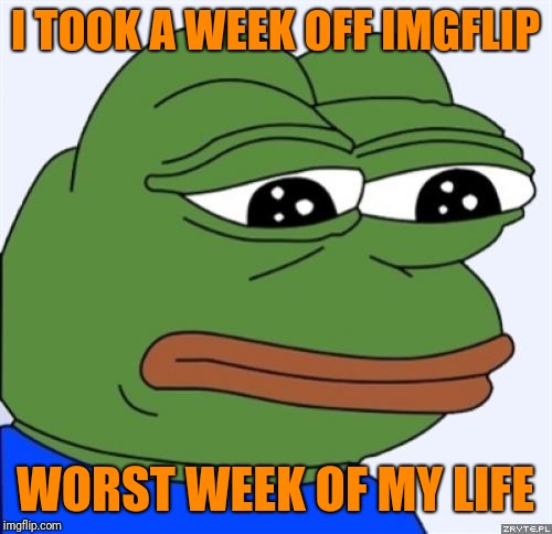 sad frog | I TOOK A WEEK OFF IMGFLIP; WORST WEEK OF MY LIFE | image tagged in sad frog,memes,worst,imgflip,week off | made w/ Imgflip meme maker
