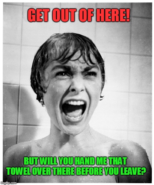 Psycho Shower | BUT WILL YOU HAND ME THAT TOWEL OVER THERE BEFORE YOU LEAVE? GET OUT OF HERE! | image tagged in psycho shower | made w/ Imgflip meme maker
