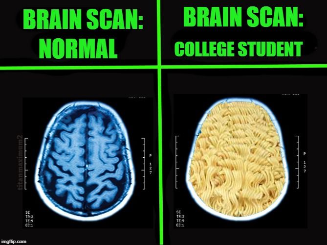 brain scan | BRAIN SCAN:; BRAIN SCAN:; COLLEGE STUDENT; NORMAL | image tagged in ramen noddles,brain scan | made w/ Imgflip meme maker