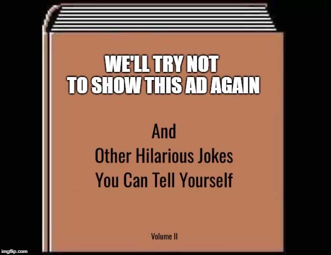 and other hilarious jokes you can tell yourself HD | WE'LL TRY NOT TO SHOW THIS AD AGAIN | image tagged in and other hilarious jokes you can tell yourself hd | made w/ Imgflip meme maker