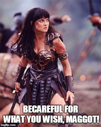 Xena Angry | BECAREFUL FOR WHAT YOU WISH, MAGGOT! | image tagged in xena angry | made w/ Imgflip meme maker